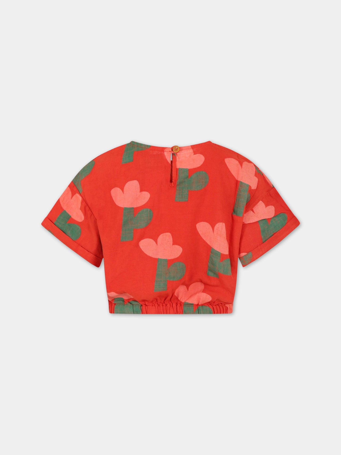 T-shirt rosso per bambina con fiori all-over e logo,Bobo Choses,123AC102