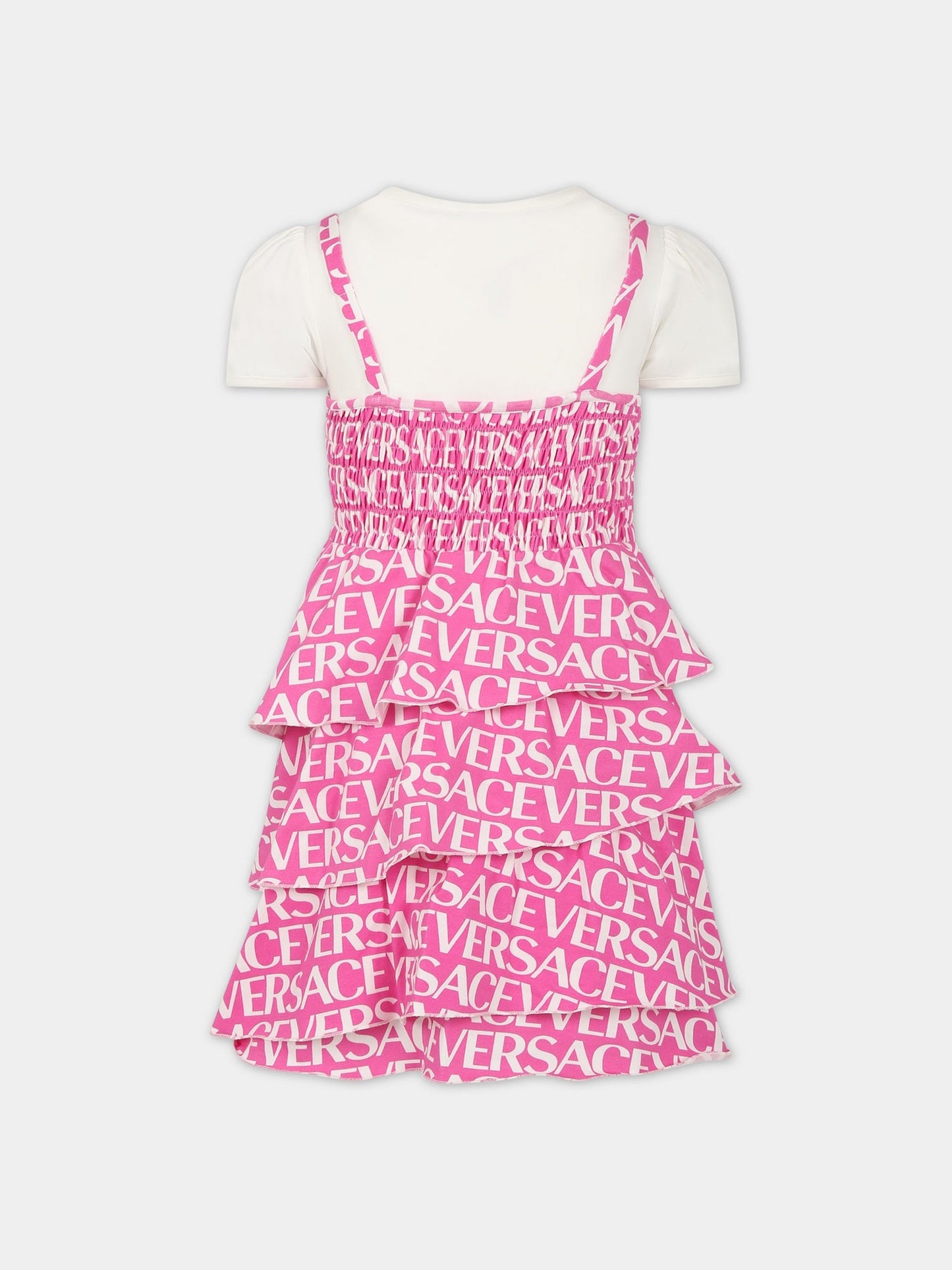 Abito fucsia per bambina con stampa logo,Versace,1002651 1A06466 2W310