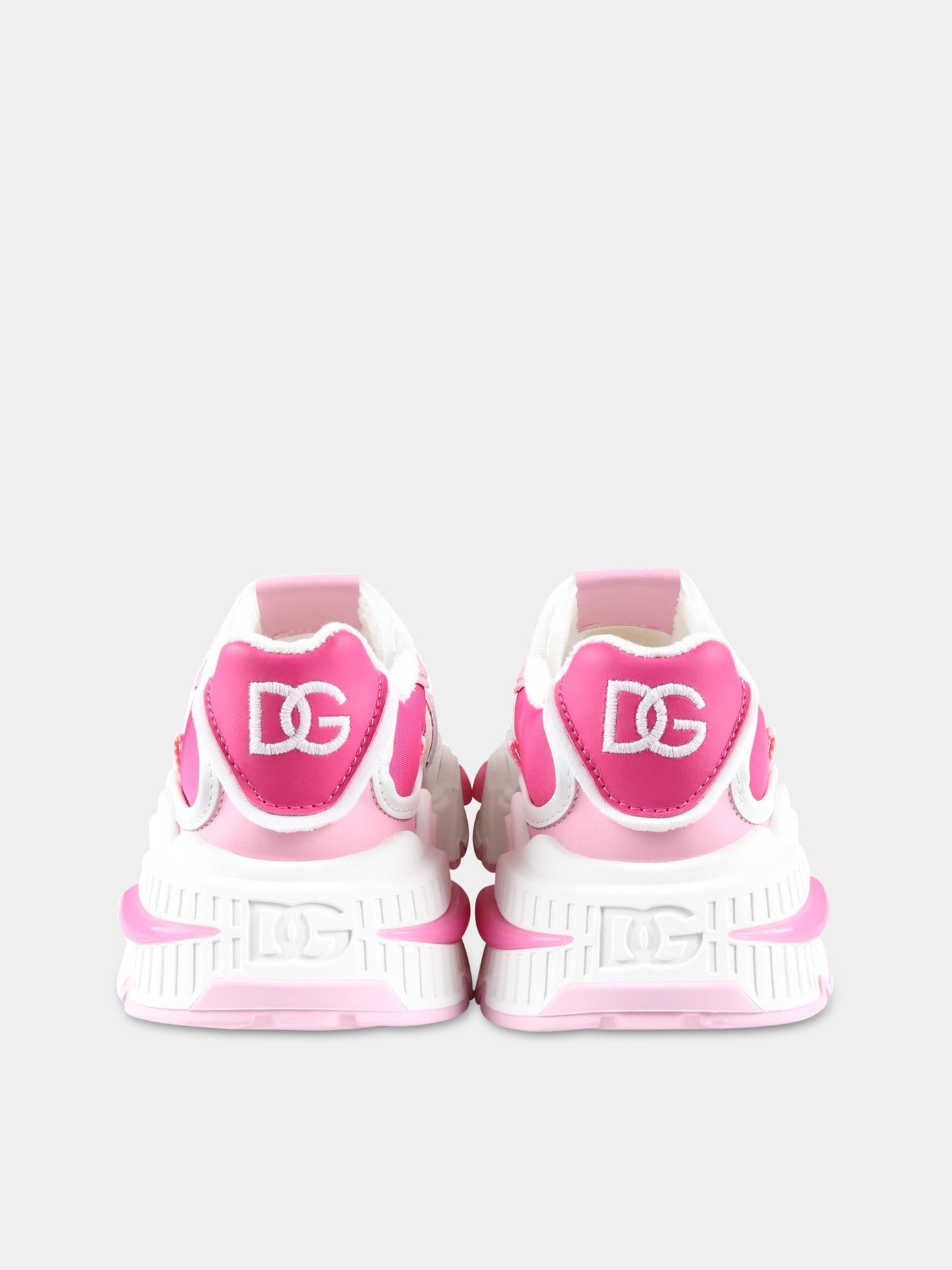 Sneakers bianche per bambina con dettagli rosa e fucsia,Dolce & Gabbana Kids,DA5118 AA399 8V436