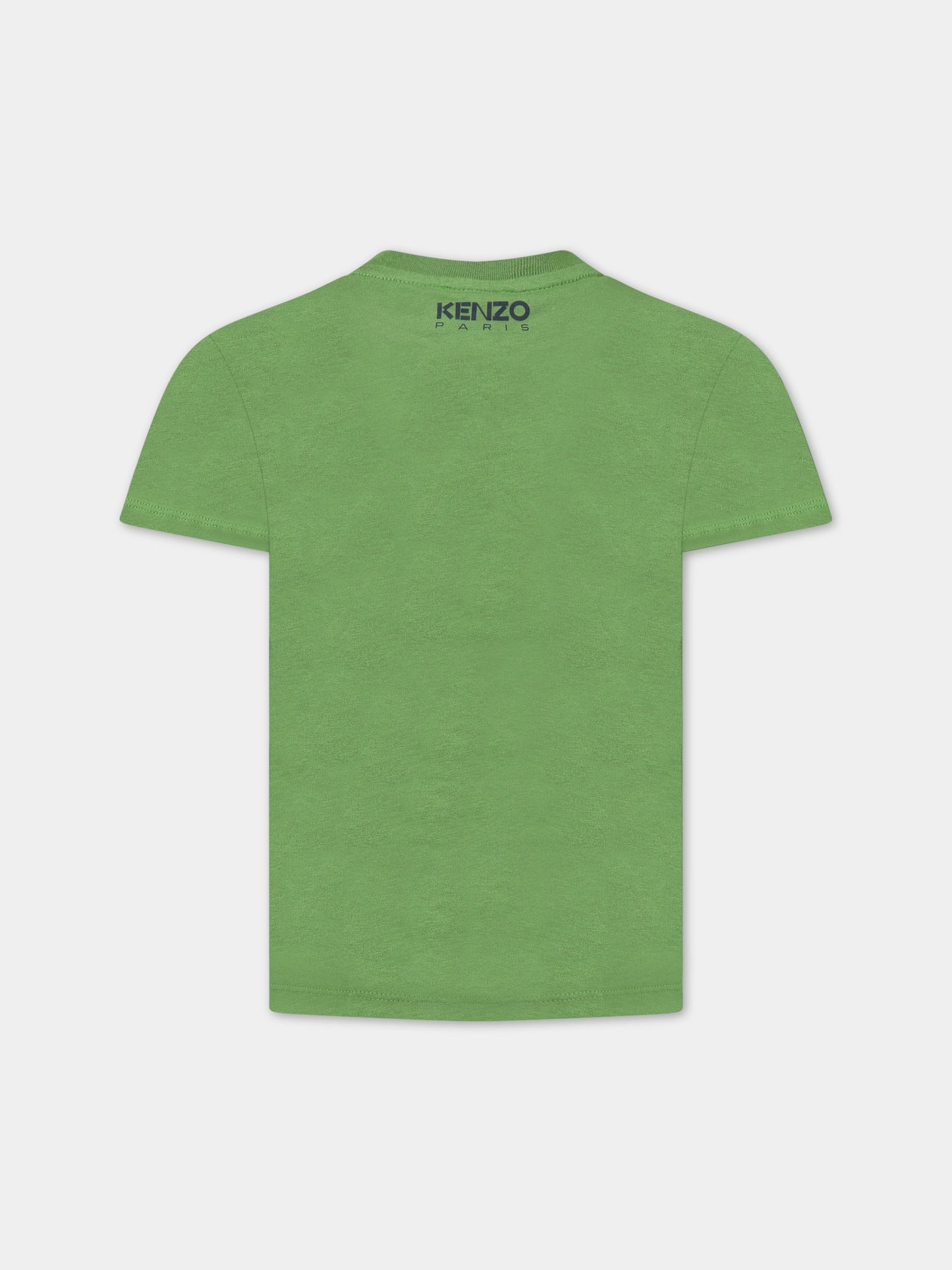 T-shirt verde per bambino con iconico papavero blu e logo,Kenzo Kids,K25809 64M