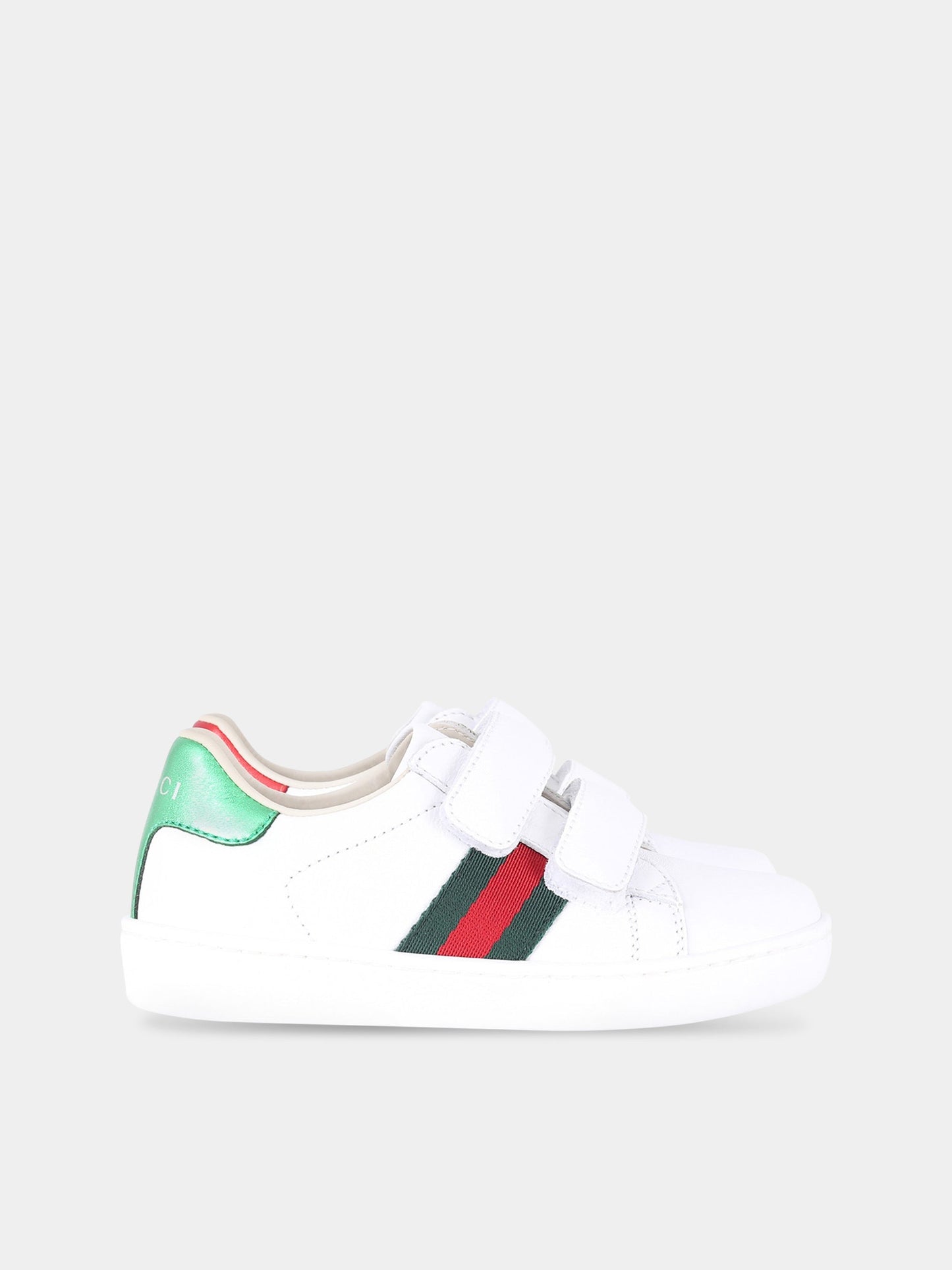 Sneaker bianche per bambini con dettaglio verde e rosso,Gucci Kids,455447/448/455496 CPWP0 9085