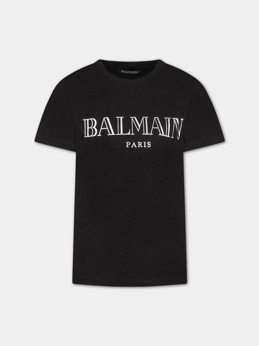 T-shirt nera per bambini con logo,Balmain Kids,6M8721 MX030 930
