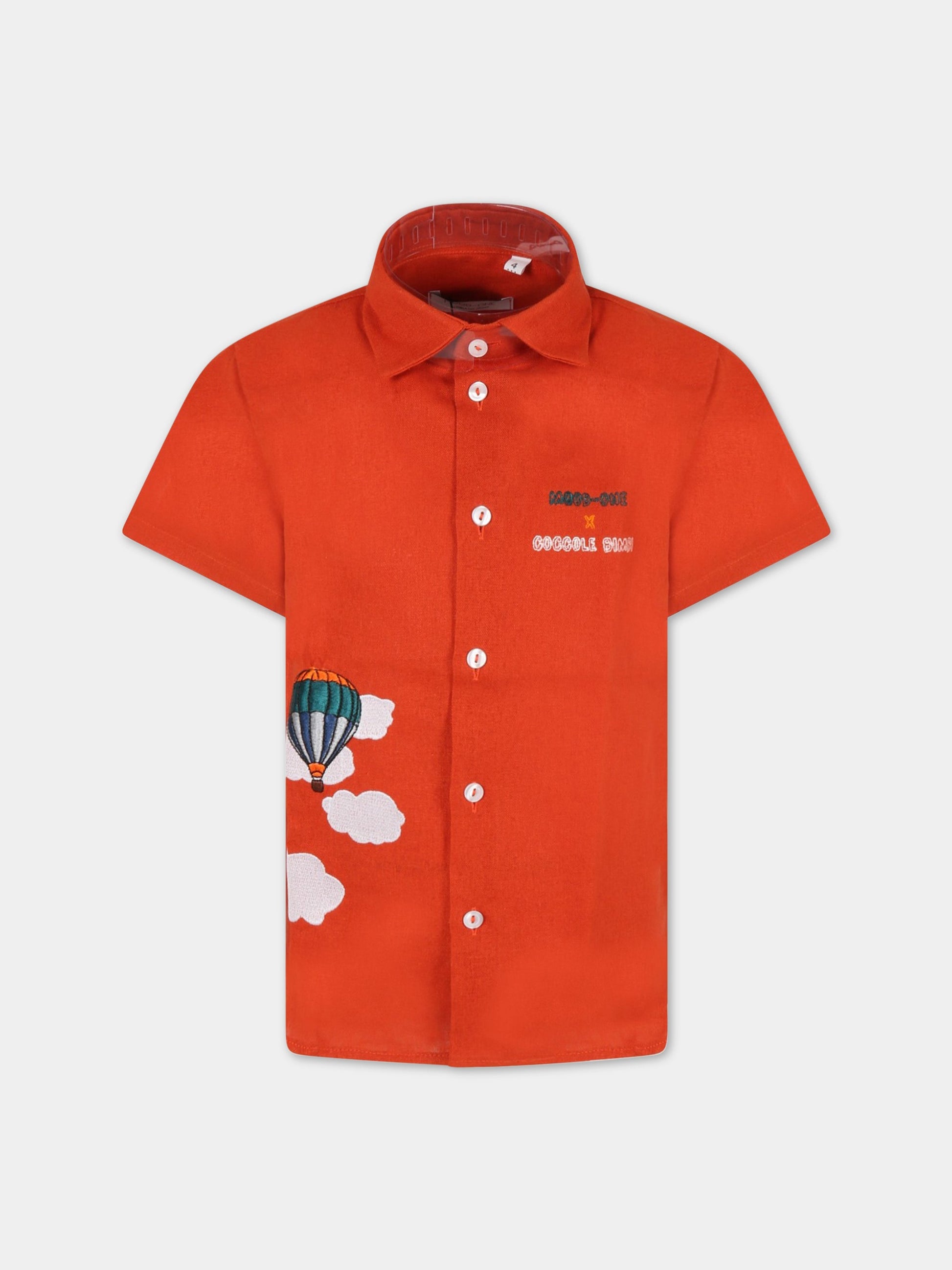 Camicia arancione per bambini con mongolfiera,Mood-one,CAMICIA IN LINO MONGOLFIERA+NUVOLE