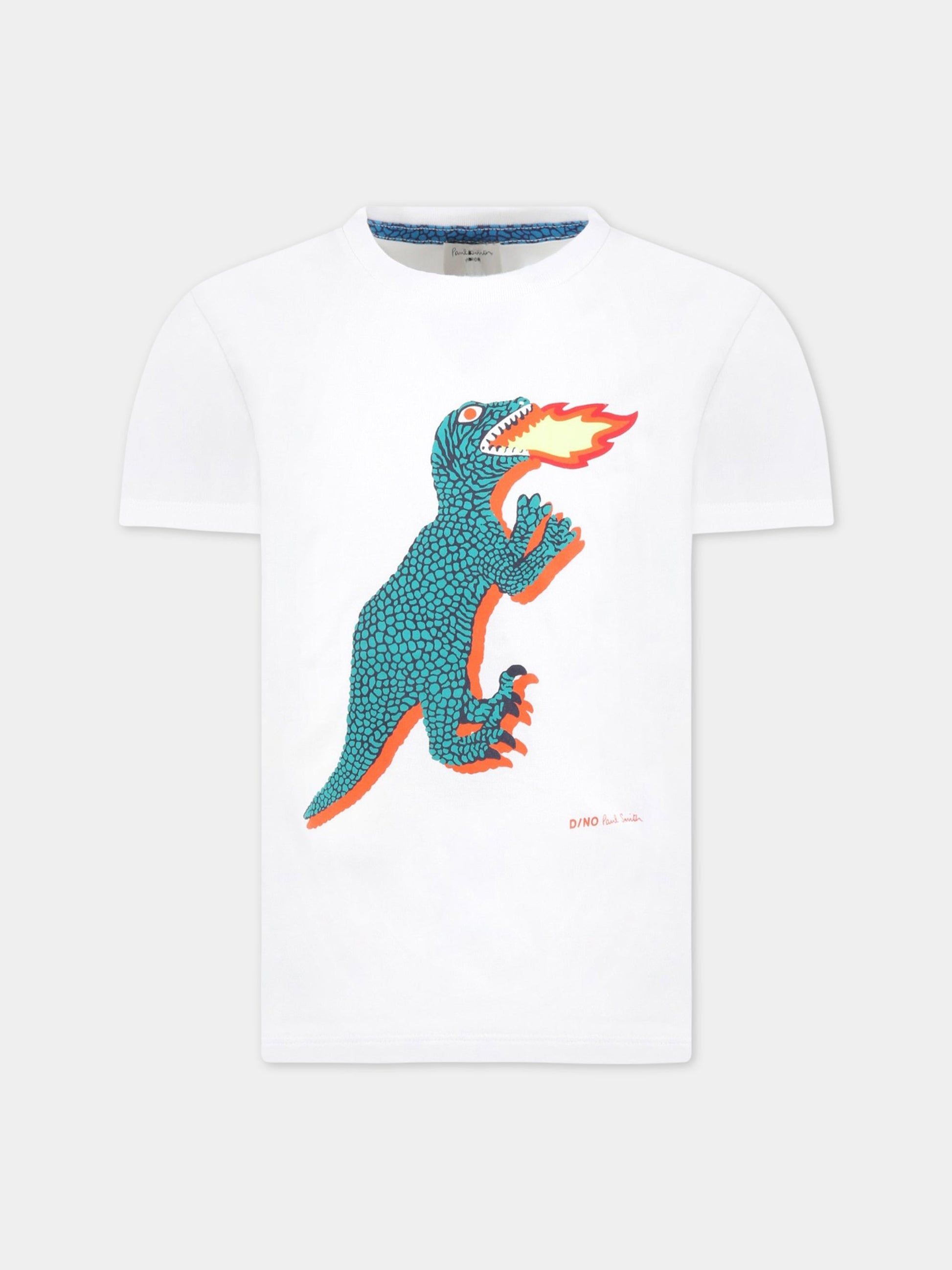 T-shirt bianca per bambino con dinosauro fluorescente,Paul Smith Junior,P25221 10P