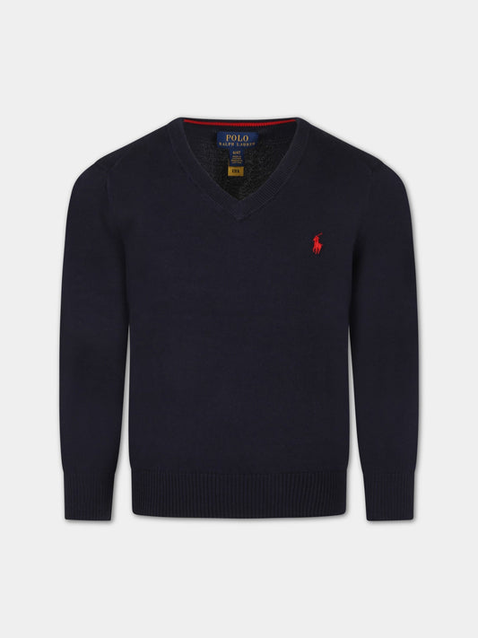 Maglione blu per bambino con cavallino rosso,Ralph Lauren Kids,799886001