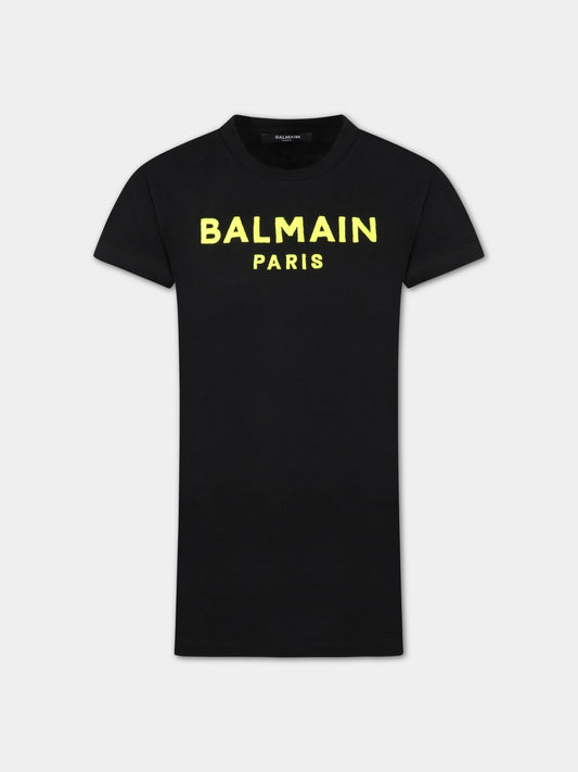 Vestito nero per bambina con logo giallo fluo,Balmain Kids,6Q1091 J0006 930GL