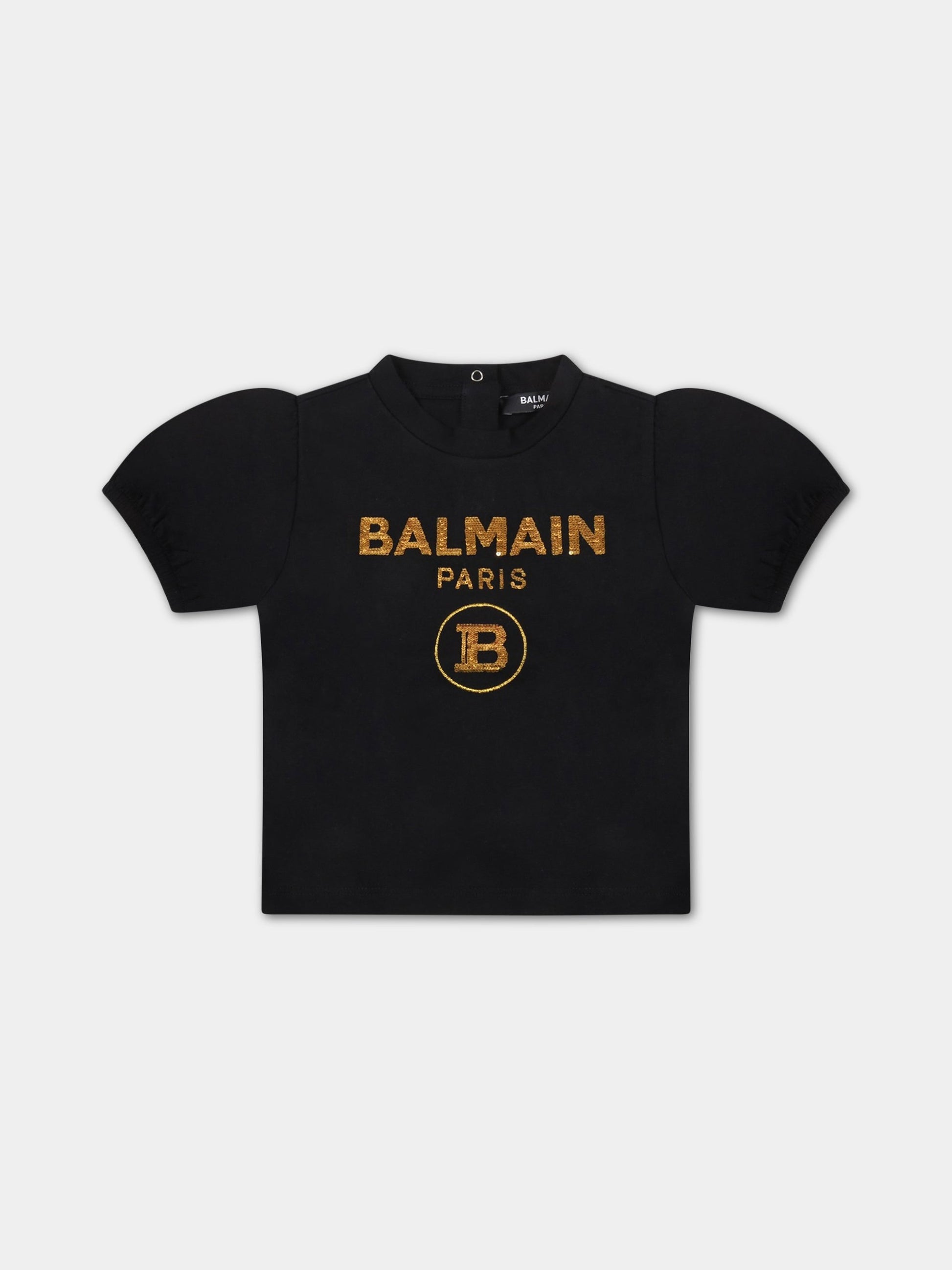 T-shirt nera per neonata con logo dorato,Balmain Kids,6Q8851 J0006 93OR