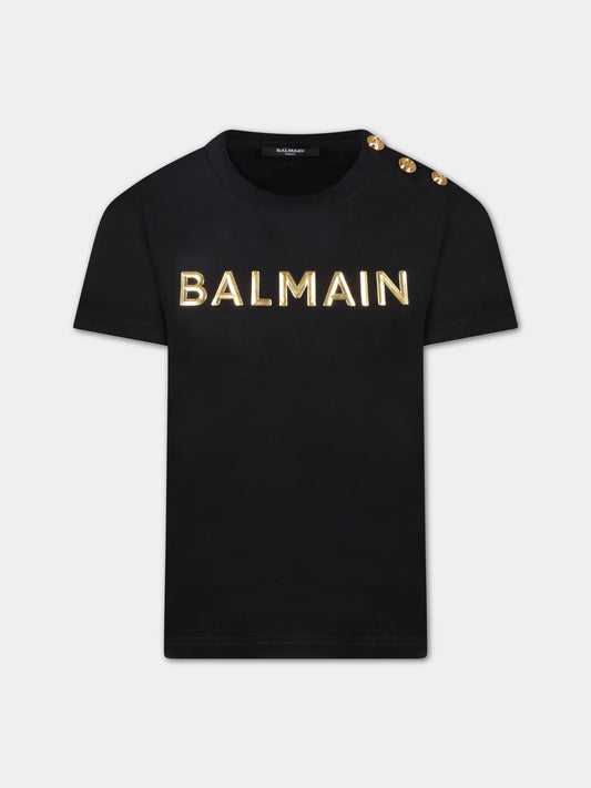 T-shirt nera per bambina con logo dorato,Balmain Kids,6Q8651 Z0057 930OR