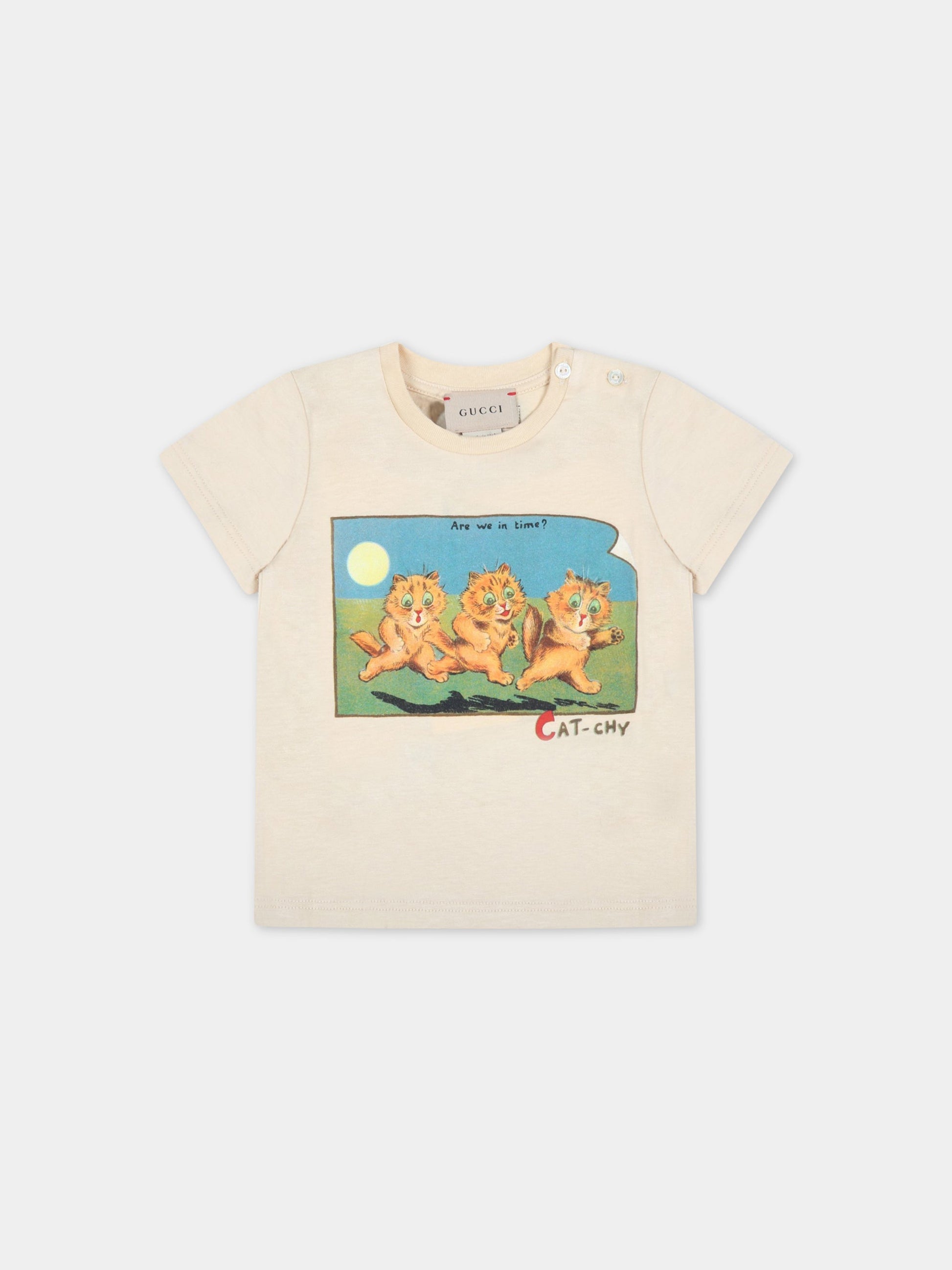 T-shirt beige per neonati con gatti e logo,Gucci Kids,548034 XJD2D 7193