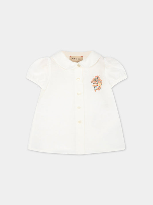 Camicia bianca per neonata con fiori e logo ricamati,Gucci Kids,652705 XWAQB 9000