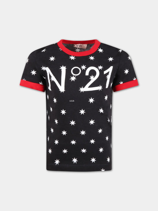T-shirt nera per bambina con stelle,N°21 Kids,N21088 N0136 N21T68F 0N900