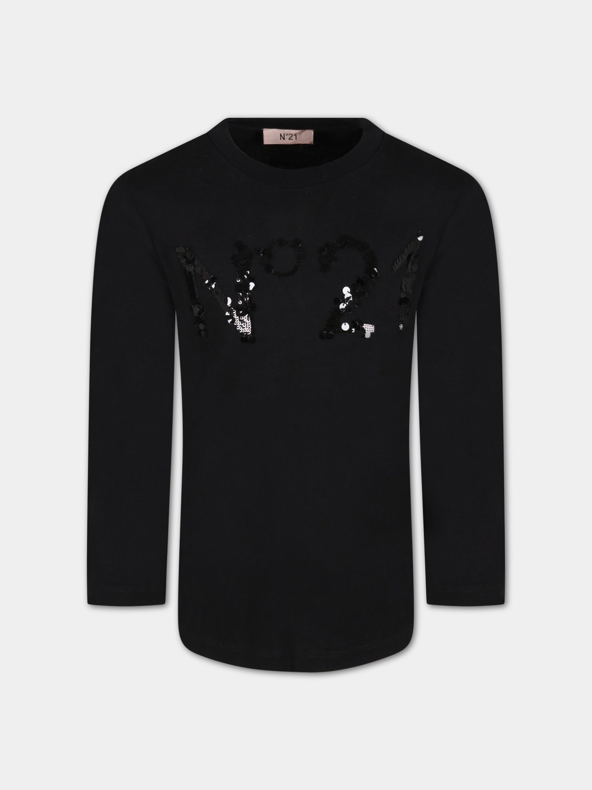 T-shirt nera per bambina con paillettes,N°21 Kids,N214AP N0080 0N900