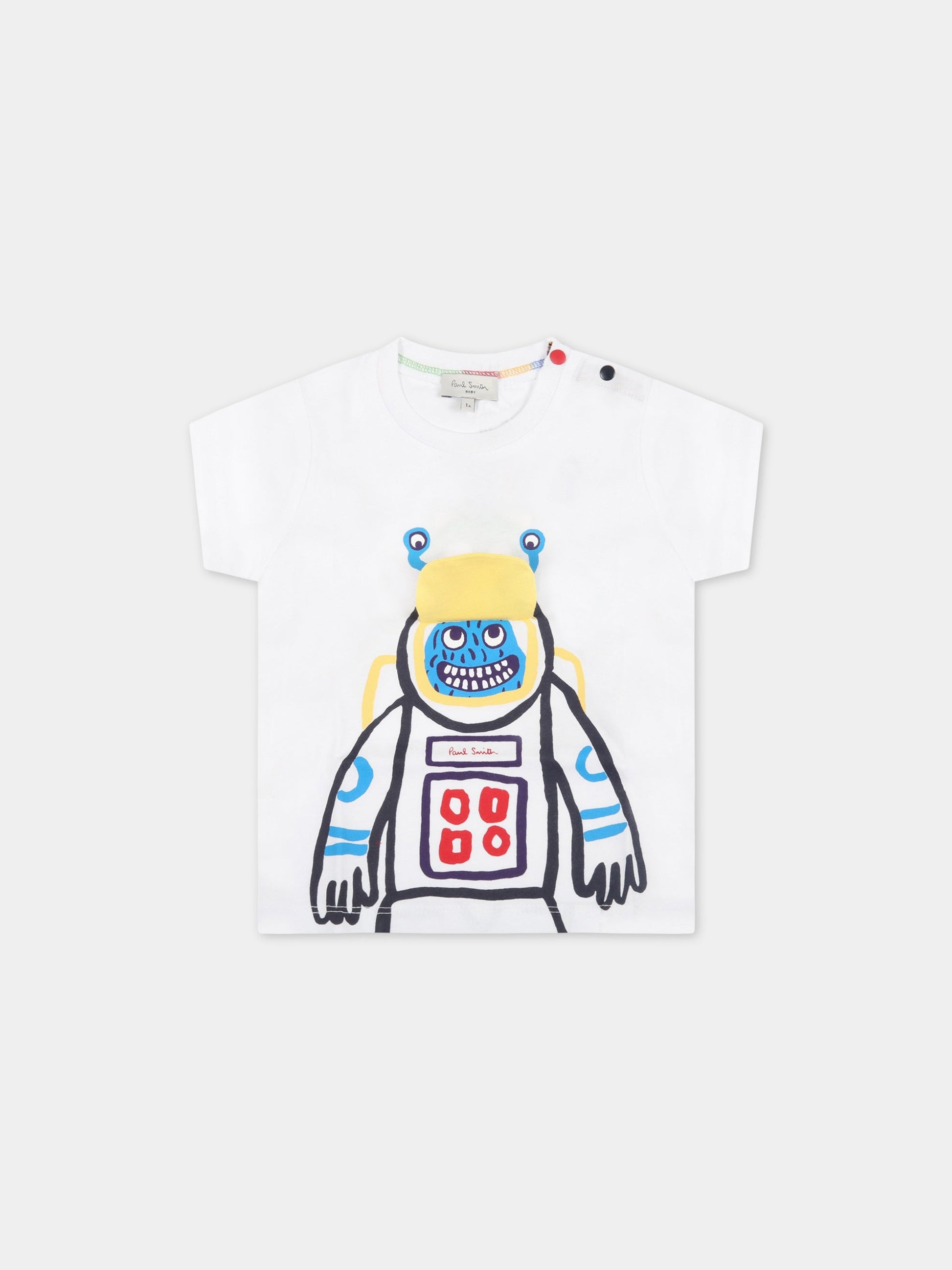 T-shirt bianca per neonato con robot e logo,Paul Smith Junior,P05035 10P