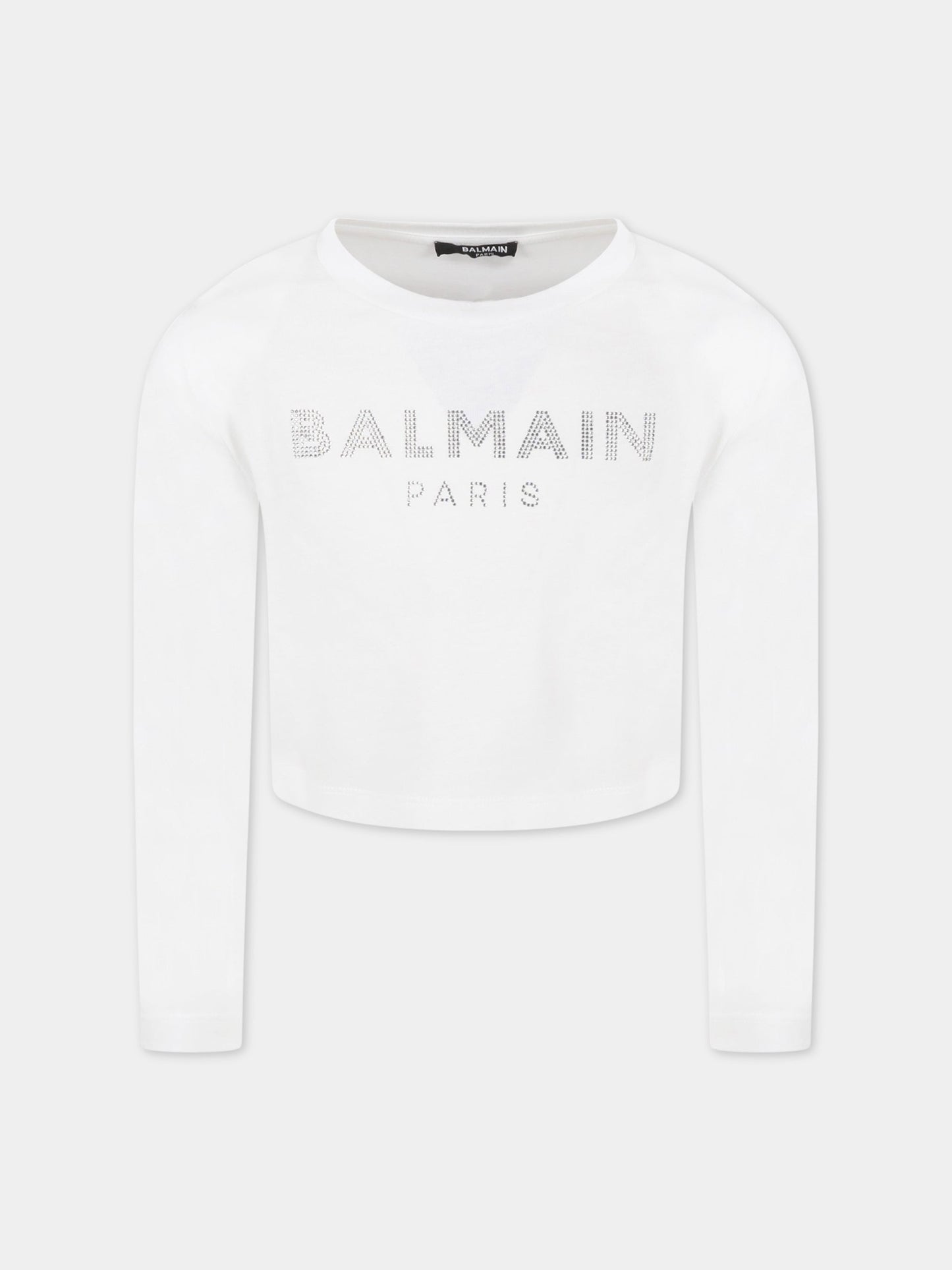 T-shirt bianca per bambina con logo di strass,Balmain Kids,6R8B30 Z0738 100