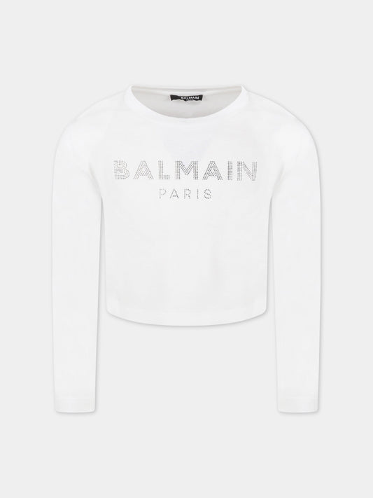 T-shirt bianca per bambina con logo di strass,Balmain Kids,6R8B30 Z0738 100