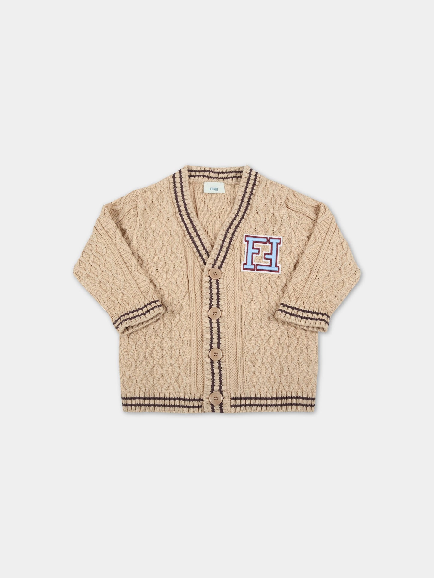 Cardigan beige per neonati con doppia FF,Fendi Kids,BUG099 AJ2Y F1F4G