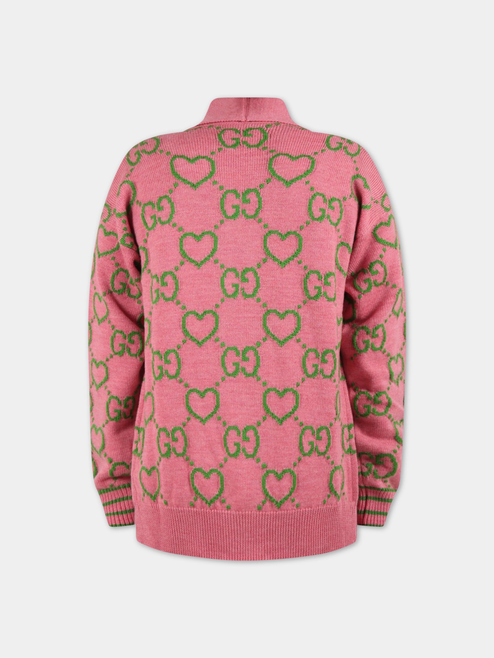 Cardigan rosa per bambina con GG verdi,Gucci Kids,694565 XKCHQ 5927