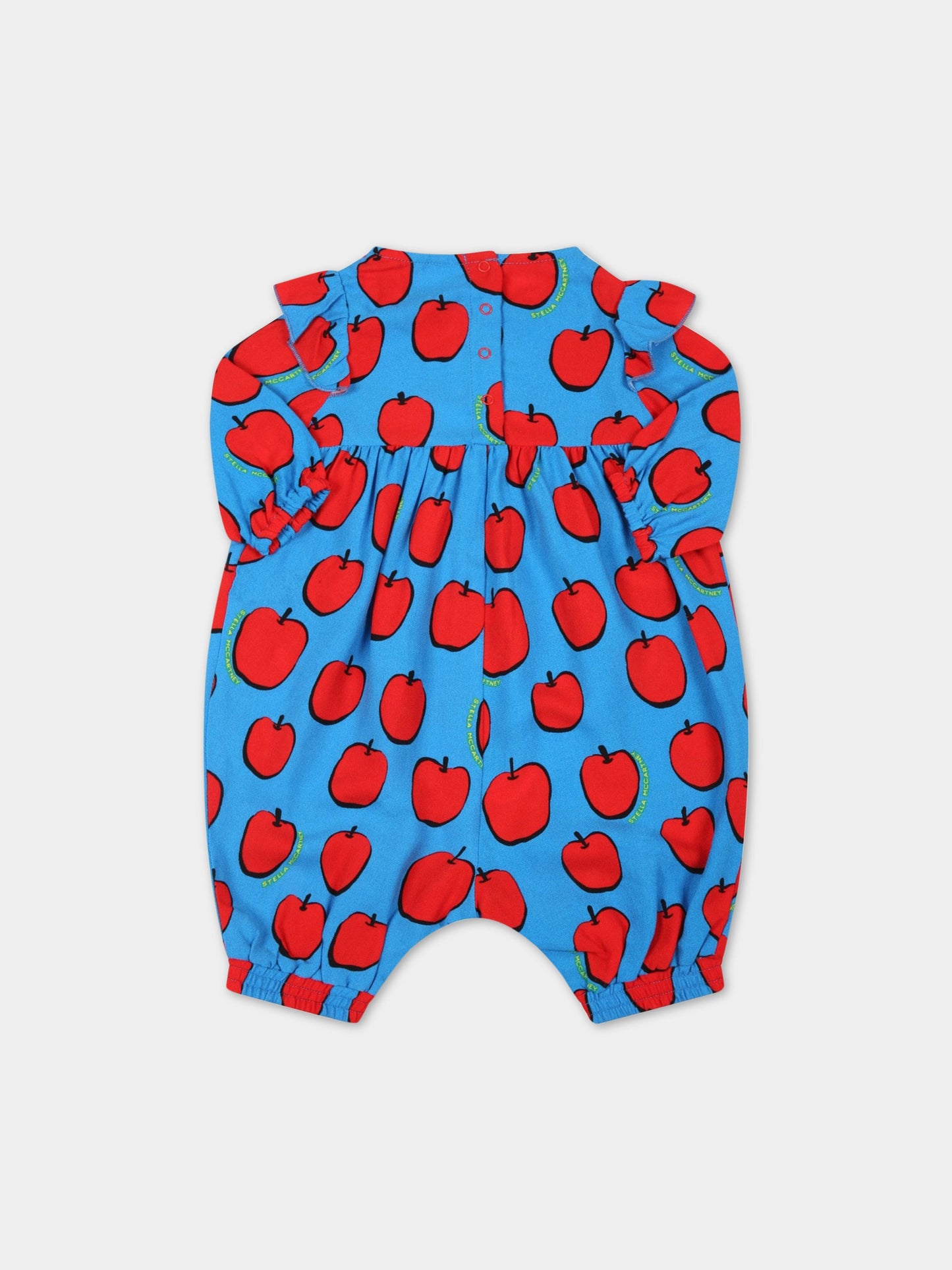 Tutina azzurra per neonati con mele rosse e logo giallo,Stella Mccartney Kids,8RA000 Z0471 618RO