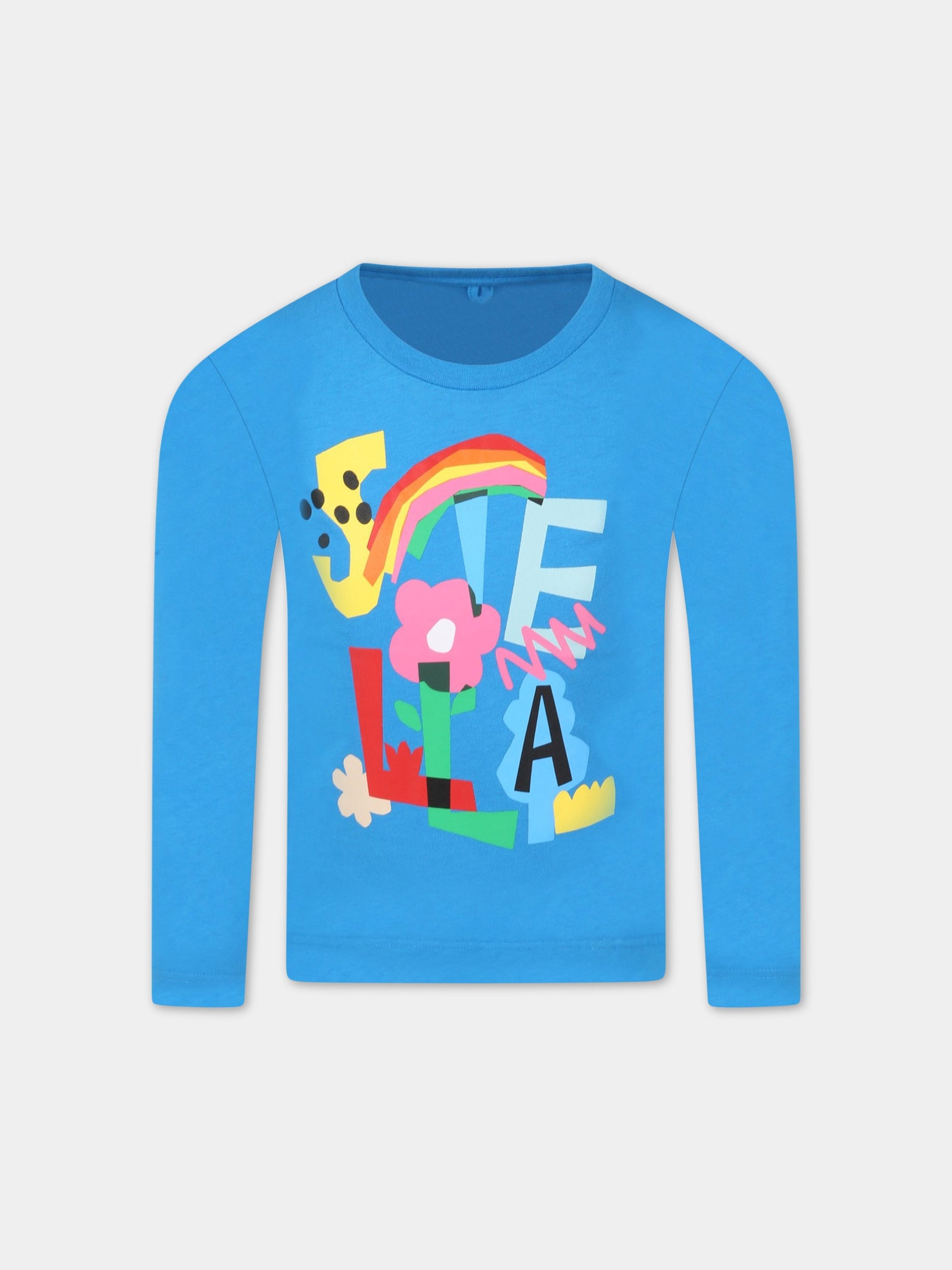 T-shirt celeste per bambina con logo colorato, arcobaleno e fiore,Stella Mccartney Kids,8R8B20 Z0434 618