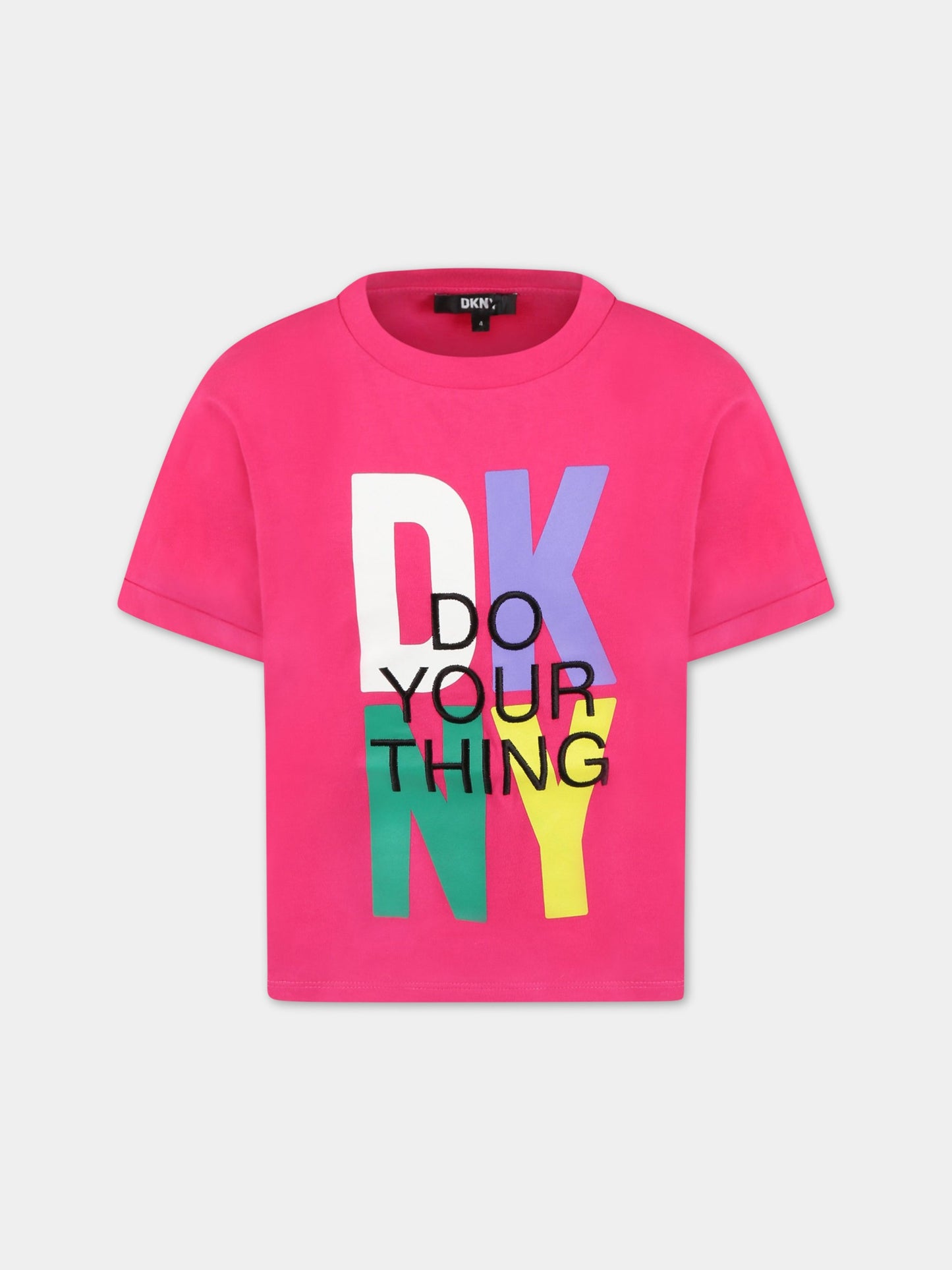 T-shirt fucsia per bambina con logo e scritta nera,Dkny,D35S31 49N