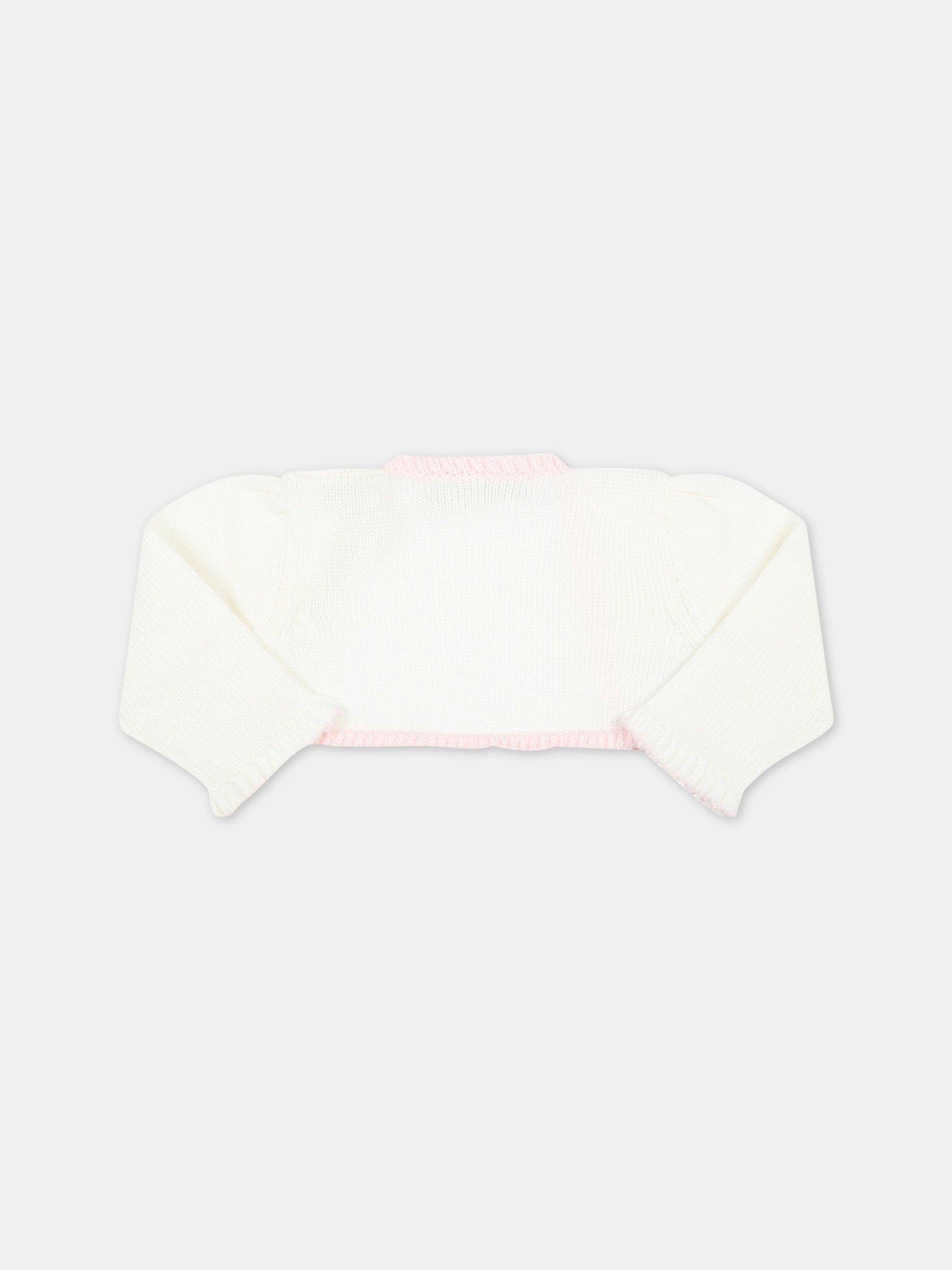 Cardigan bianco per neonato con orlo rosa,La Stupenderia,WBSS02800 803