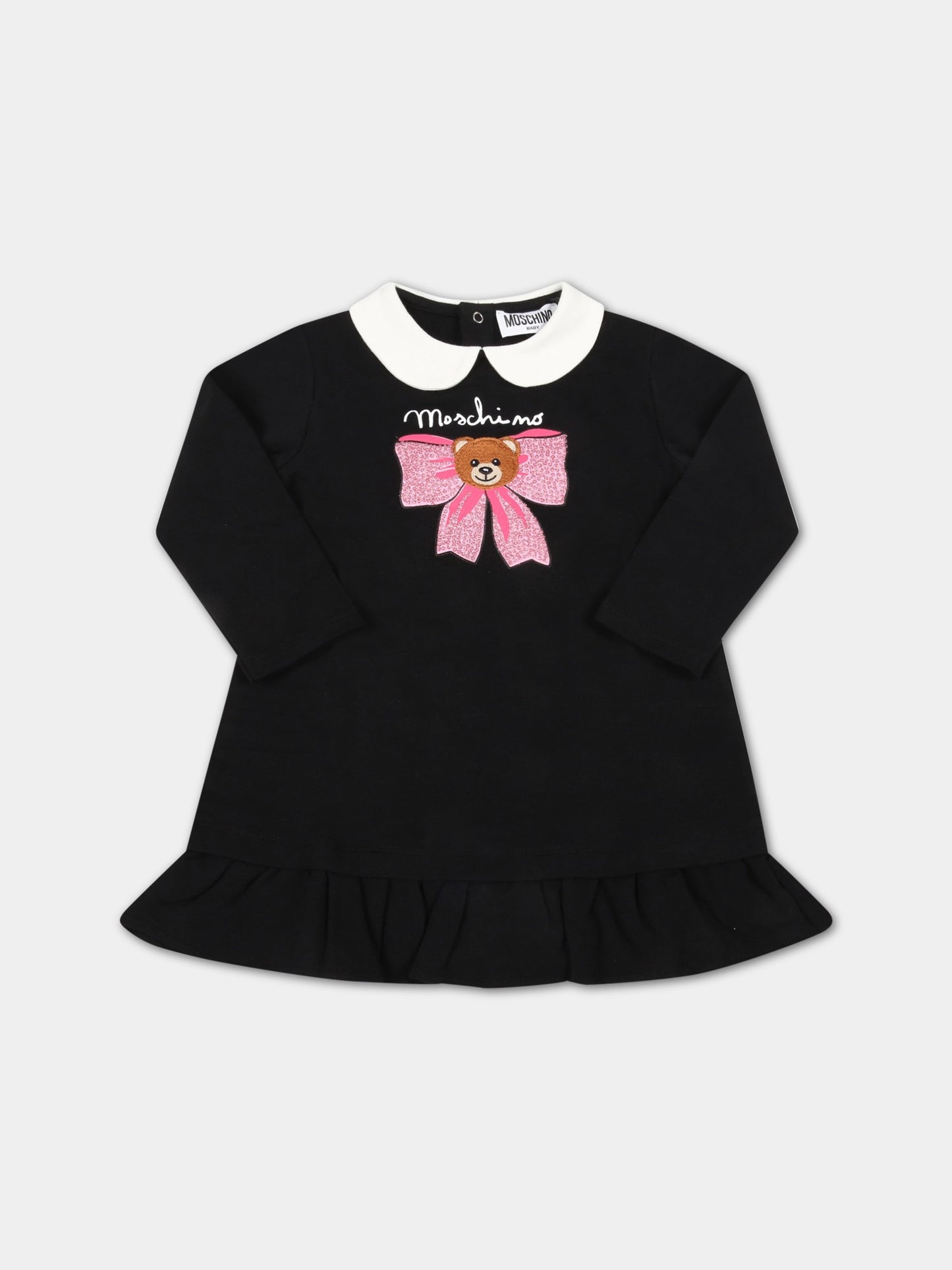 Vestito nero per neonata con Teddy Bear e fiocco,Moschino Kids,MDV09X LDA14 60100