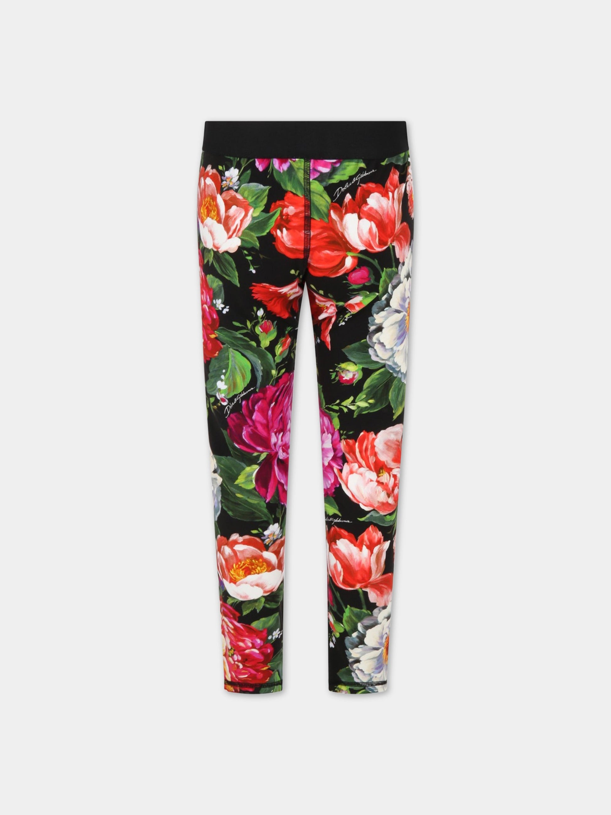 Leggings neri per bambina con logo bianco e fiori,Dolce & Gabbana Kids,L5JP9J FSG3E HN3VW