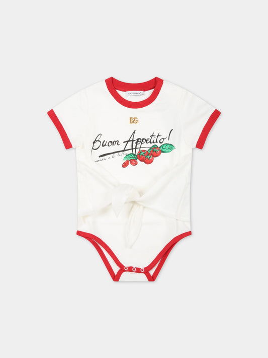 Body bianco per neonata con pomodori e logo,Dolce & Gabbana Kids,L2JOY3 G7E1D W0111