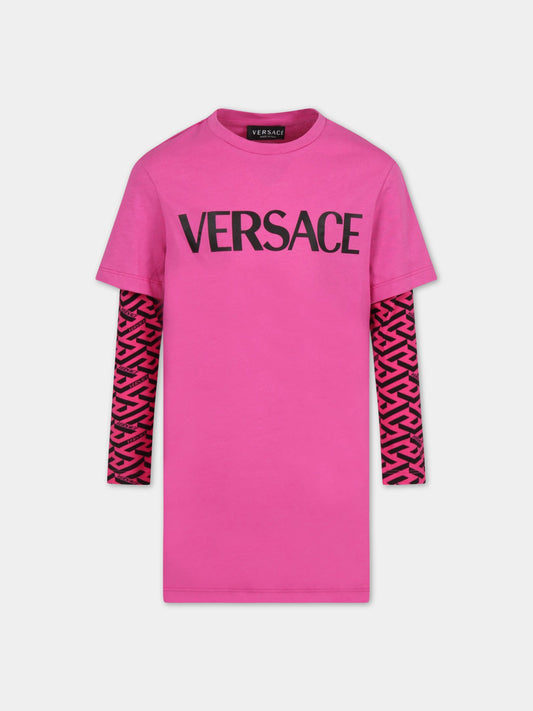 Vestito fucsia per bambina con logo,Versace,1006738 1A04691 2P110 AY6079