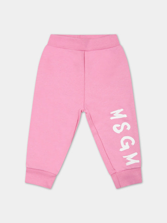 Pantaloni rosa da tuta per neonata con logo bianco,Msgm Kids,MS029105 042