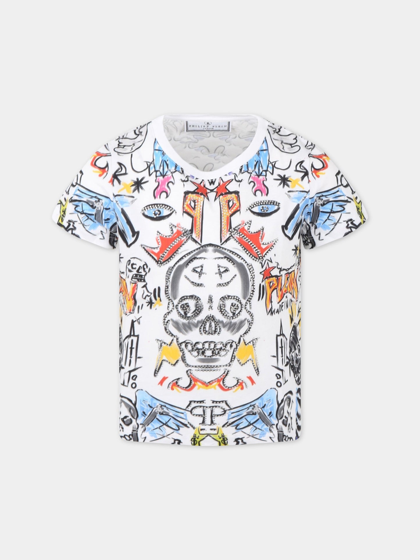 T-shirt bianca per bambino con loghi,Philipp Plein Junior,2PM004 LAA26 WHITE BAS