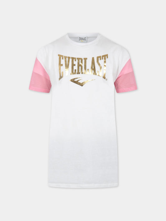 T-shirt bianca per bambina con logo dorato e maniche rosa,Everlast,031084 001