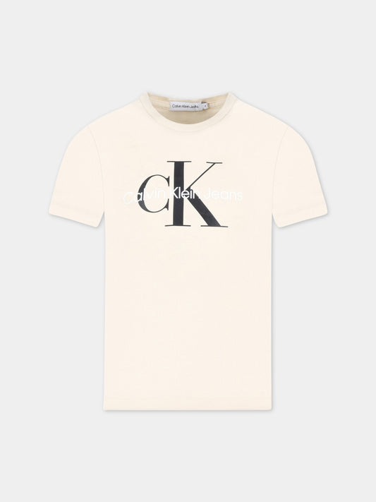 T-shirt beige per bambino con doppio logo,Calvin Klein Kids,CKIU0IU00267 IU0IU00267 ACJ