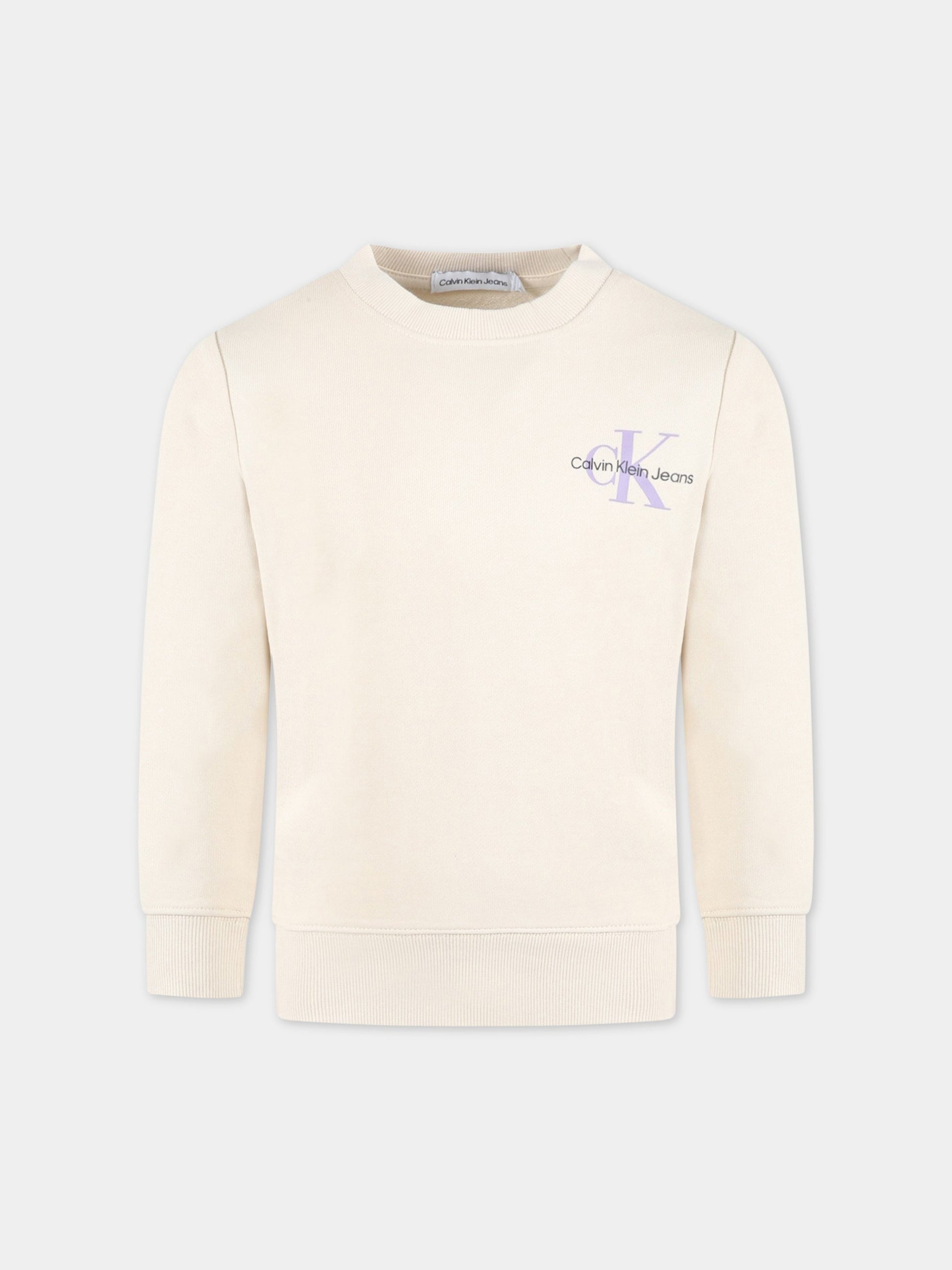 Felpa beige per bambini con logo viola e nero,Calvin Klein Kids,CKIU0IU00397 IU0IU00397 ACJ