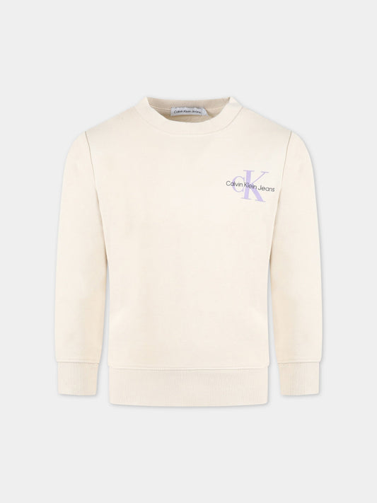 Felpa beige per bambini con logo viola e nero,Calvin Klein Kids,CKIU0IU00397 IU0IU00397 ACJ