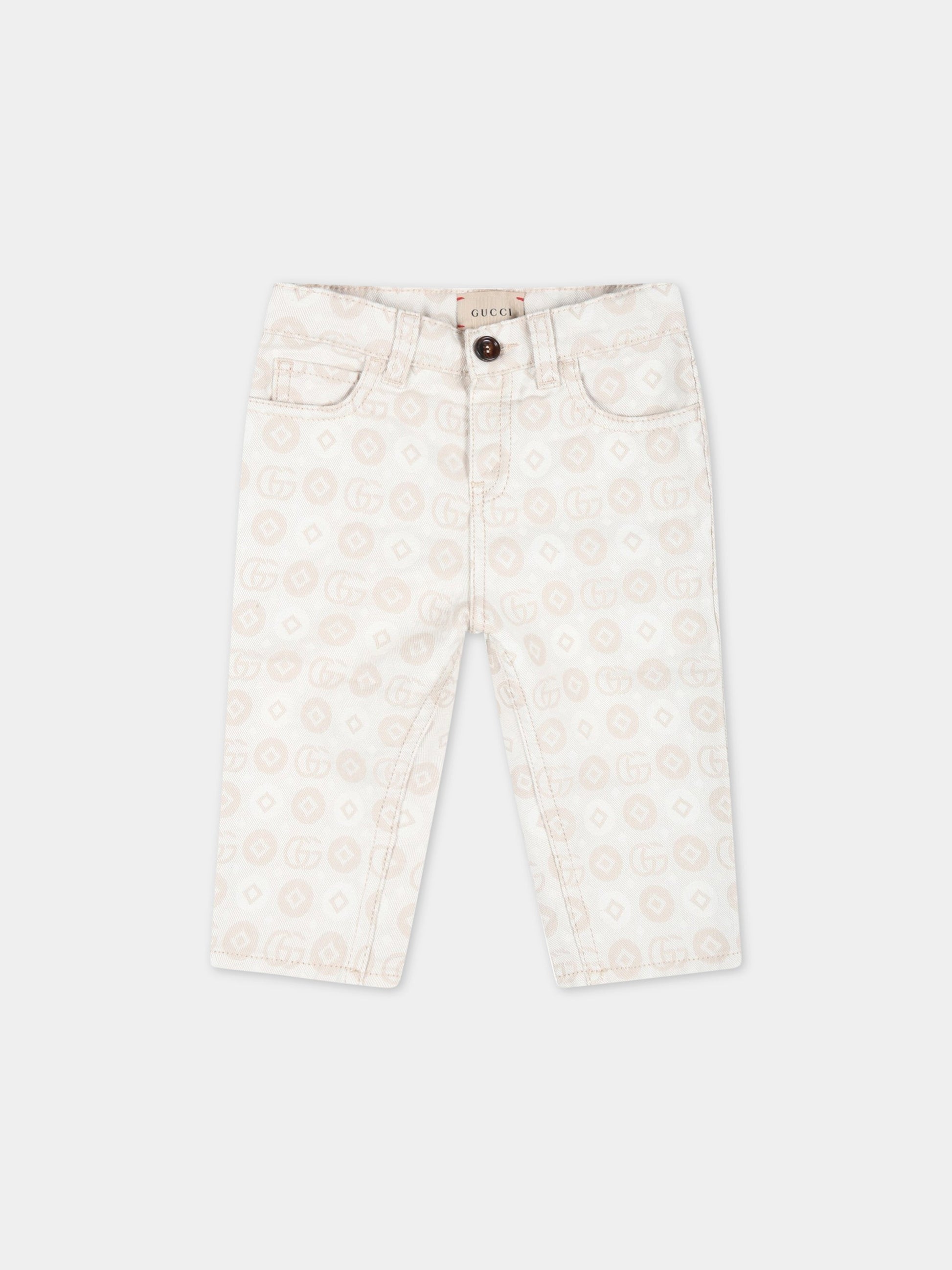 Jeans avorio per neonato con logo nero ricamato,Gucci Kids,712648 XDB74 9207