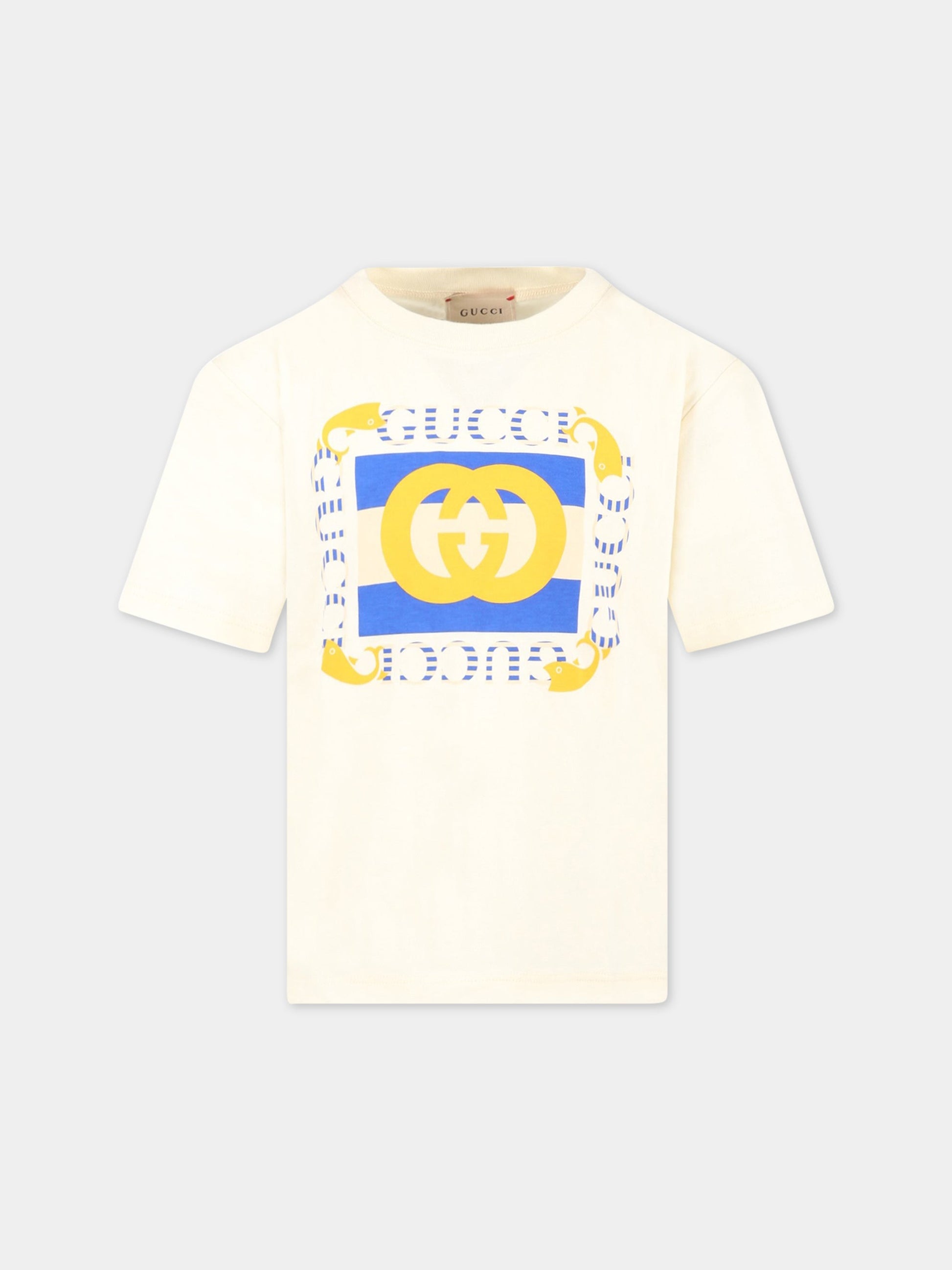 T-shirt avorio per bambino con logo giallo,Gucci Kids,575114 XJEY8 9756