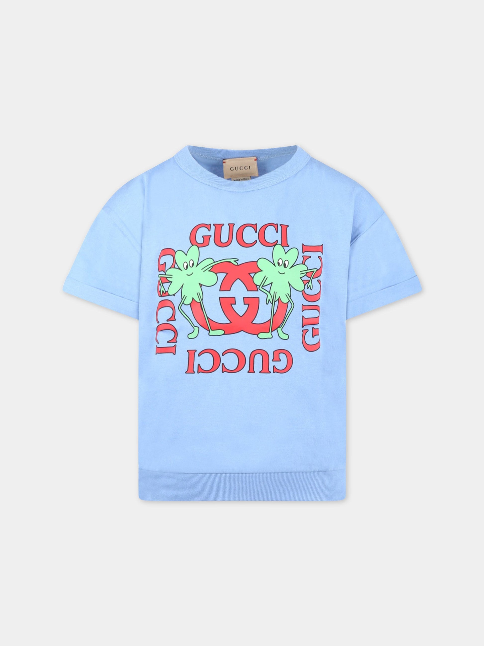 T-shirt azzurra per bambina con logo rosso,Gucci Kids,695318 XJE4E 4087