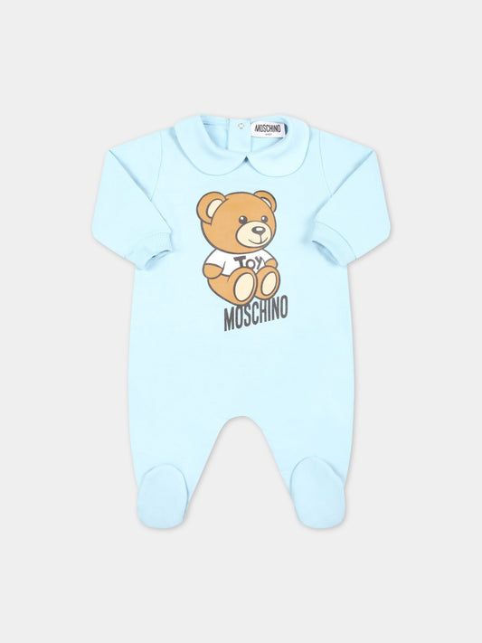 Tutina celeste per neonato con Teddy Bear e logo nero,Moschino Kids,MTY037 LDA00 40304