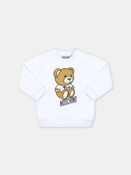 Felpa bianca per neonati con Teddy Bear e logo nero,Moschino Kids,M9F03E LDA00 10101