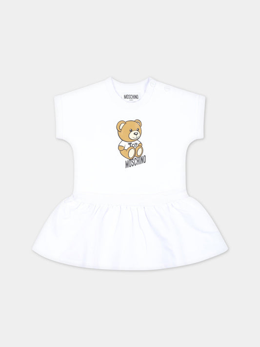 Vestito bianco per neonata con Teddy Bear e logo,Moschino Kids,MAV09I LDA00 10101