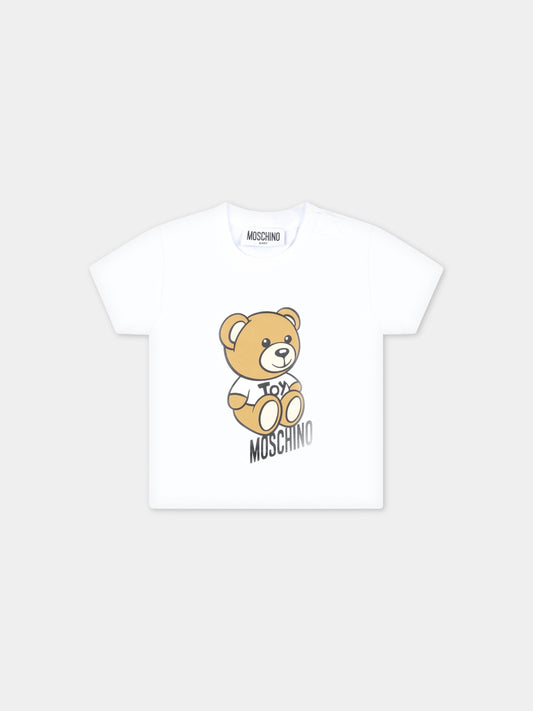 T-shirt bianca per neonati con Teddy Bear e logo nero,Moschino Kids,MUM03D LBA10 10101