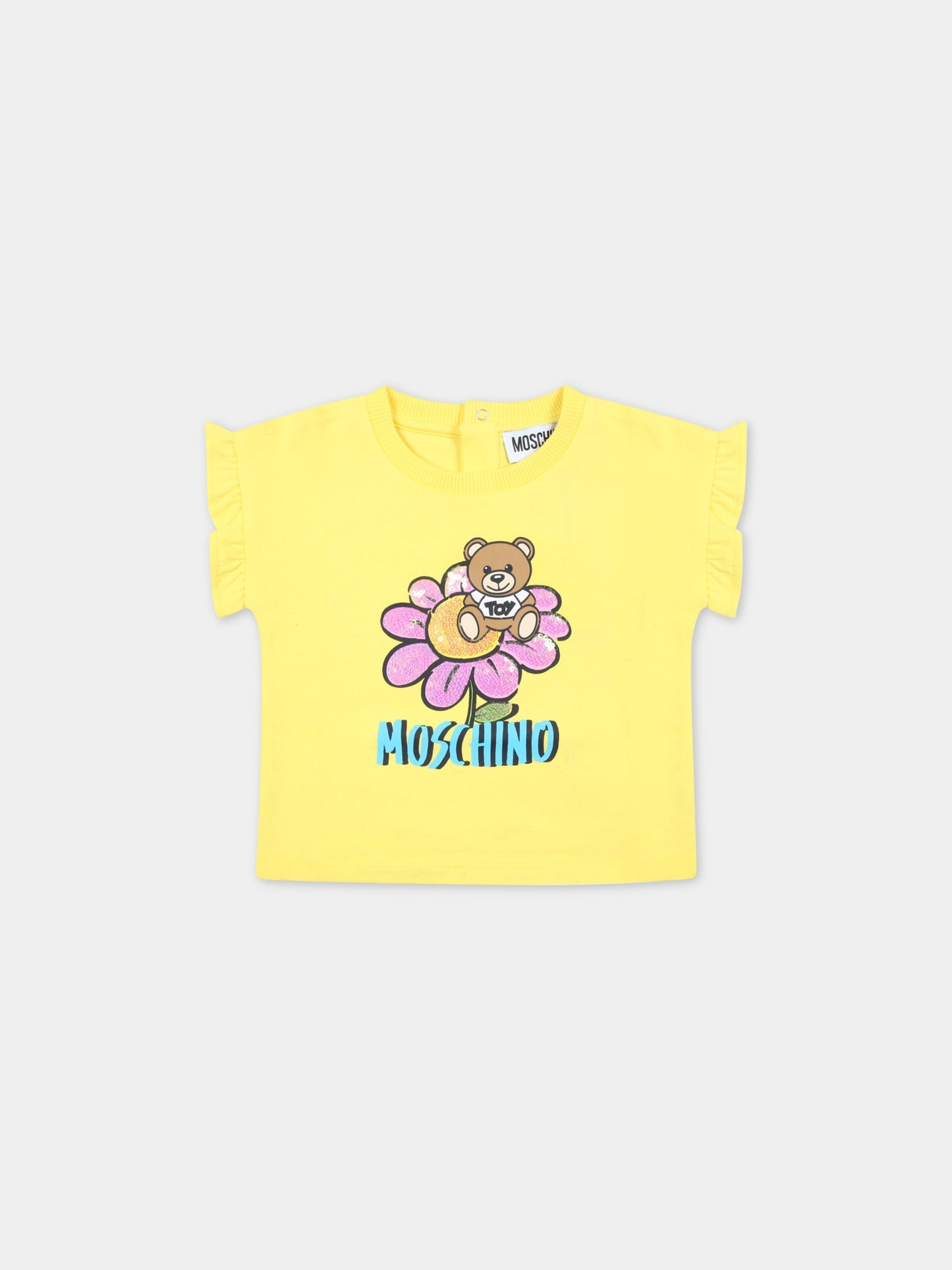 T-shirt gialla per neonata con fiore e Teddy Bear,Moschino Kids,MDM039 LBA08 50162