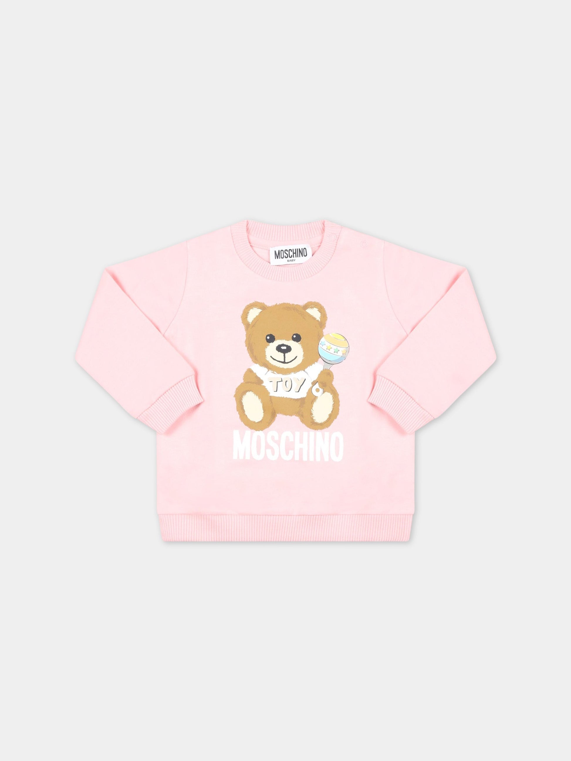 Felpa rosa per neonata con Teddy Bear e logo bianco,Moschino Kids,MMF04Q LCA19 50209