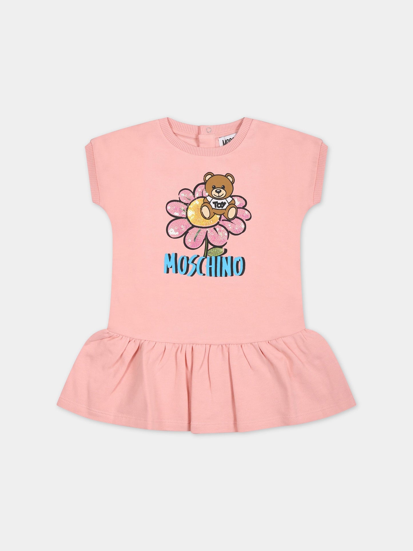 Vestito rosa per neonata con Teddy Bear e fiore,Moschino Kids,MEV06U LDA12 50209