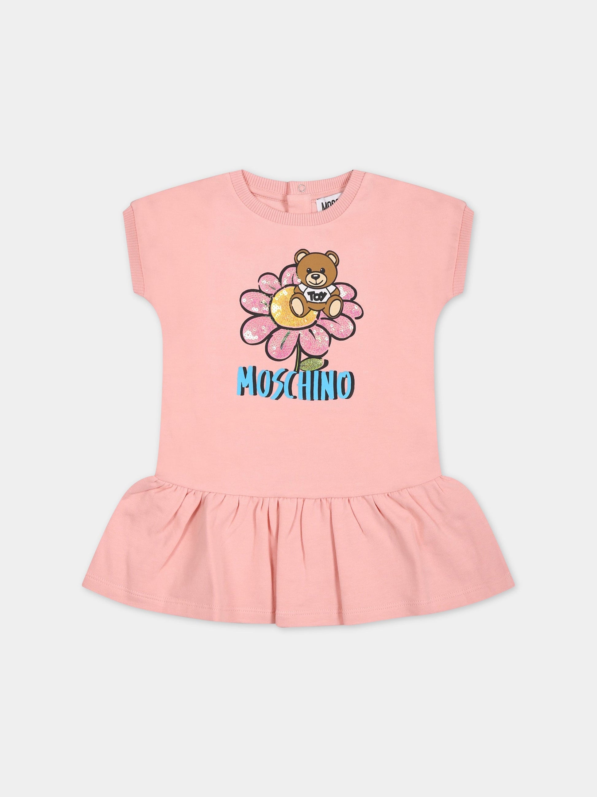 Vestito rosa per neonata con Teddy Bear e fiore,Moschino Kids,MEV06U LDA12 50209