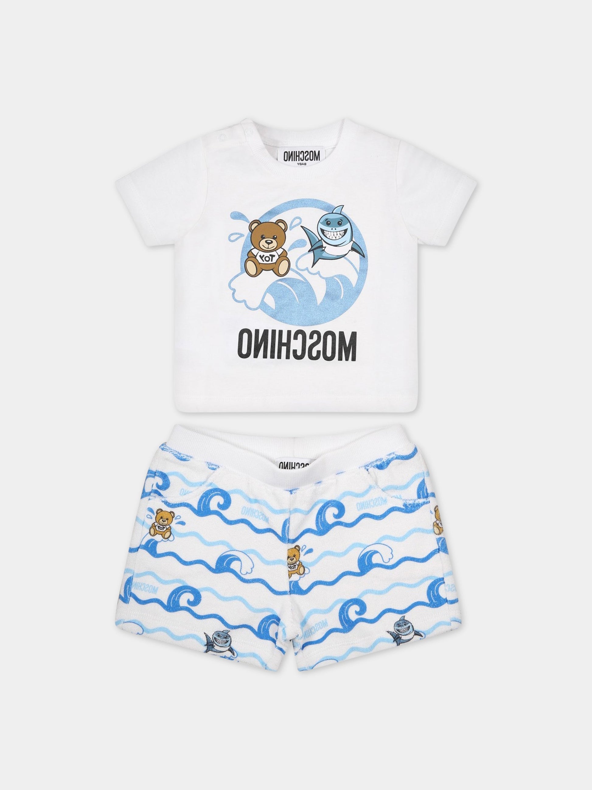 Completo bianco per neonato con Teddy bear,logo e stampa,Moschino Kids,MUG00W LAA02 84294