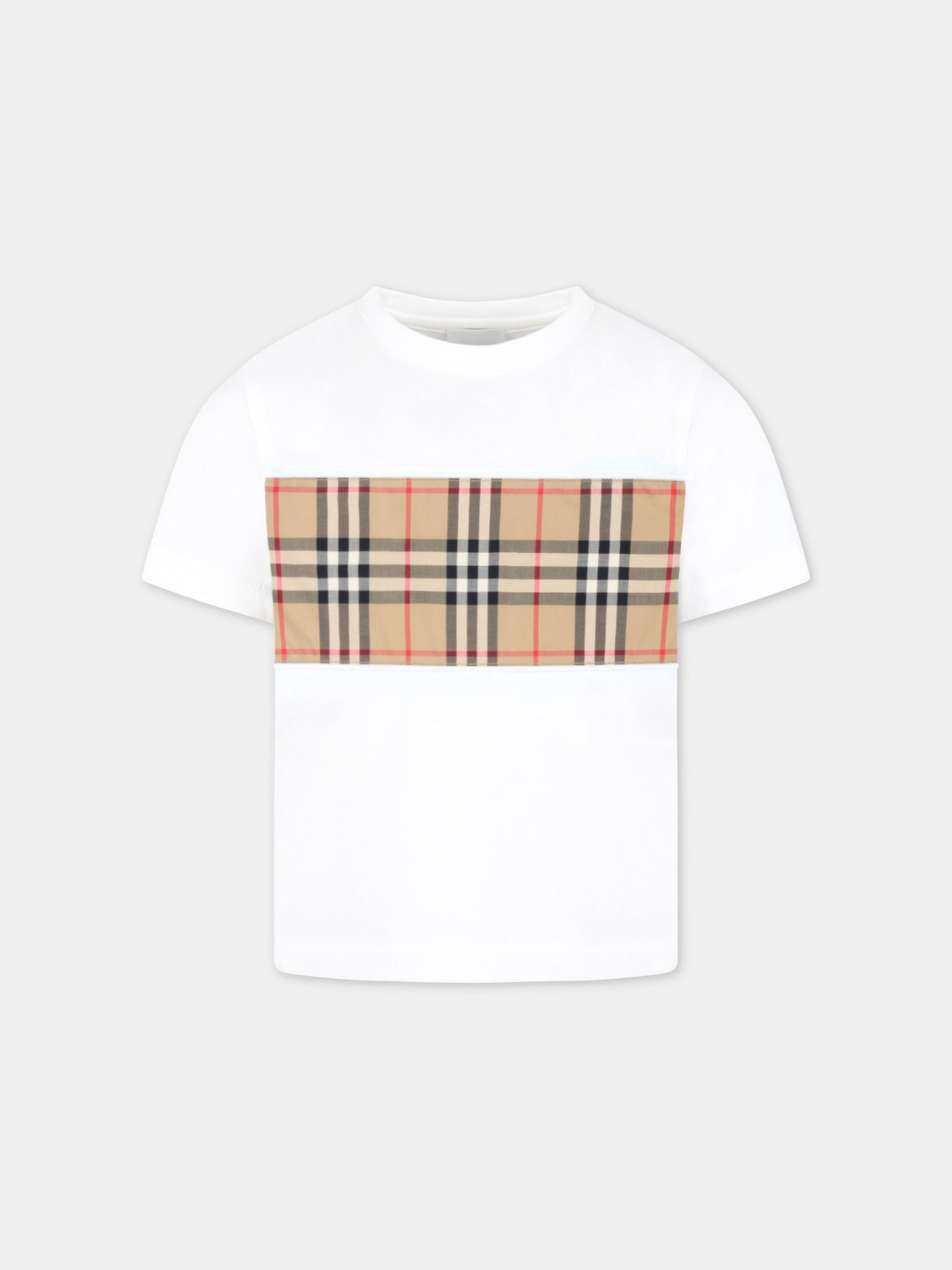 T-shirt bianca per bambini con check vintage e logo nero,Burberry Kids,8064783
