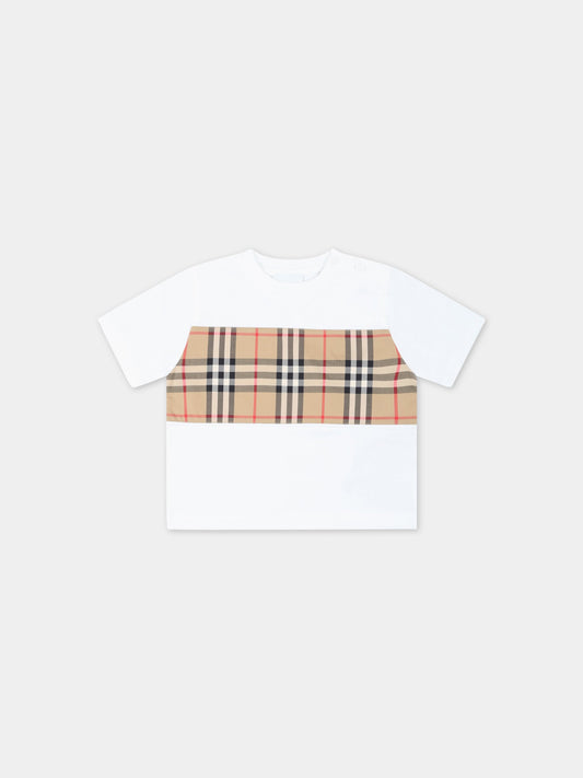 T-shirt bianca per neonati con check vintage e logo nero,Burberry Kids,8064810