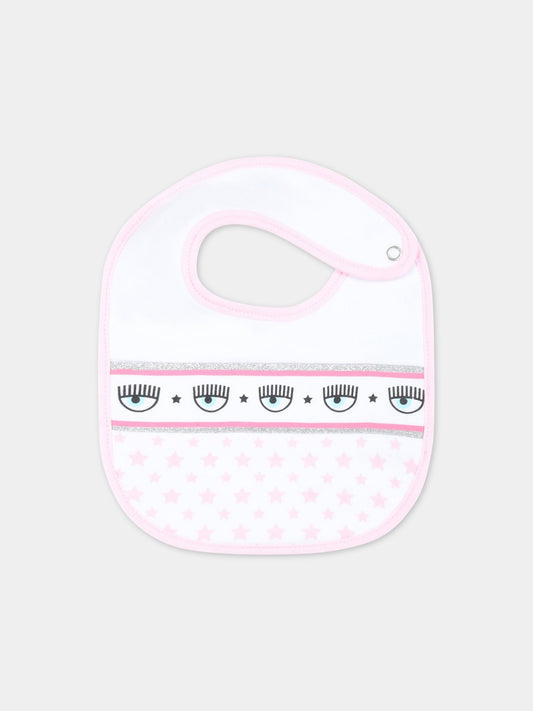 Bavaglino bianco per neonata con stelle rosa e occhiolini,Chiara Ferragni Collection,55A001 1001 9990